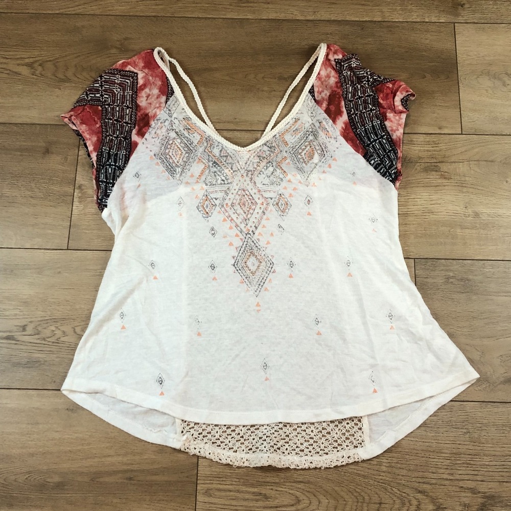 Miss Me S Sequin Graphic Top T Crochet Sheer Back Cap Sleeve Western Boho Hippie